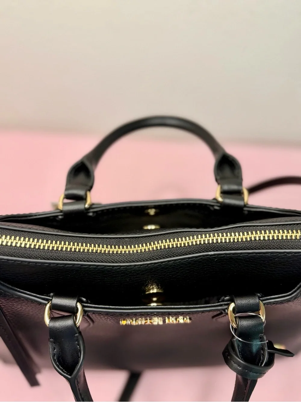 Michael Kors Black Pebbled Leather Dome Satchel with Gold Hardware